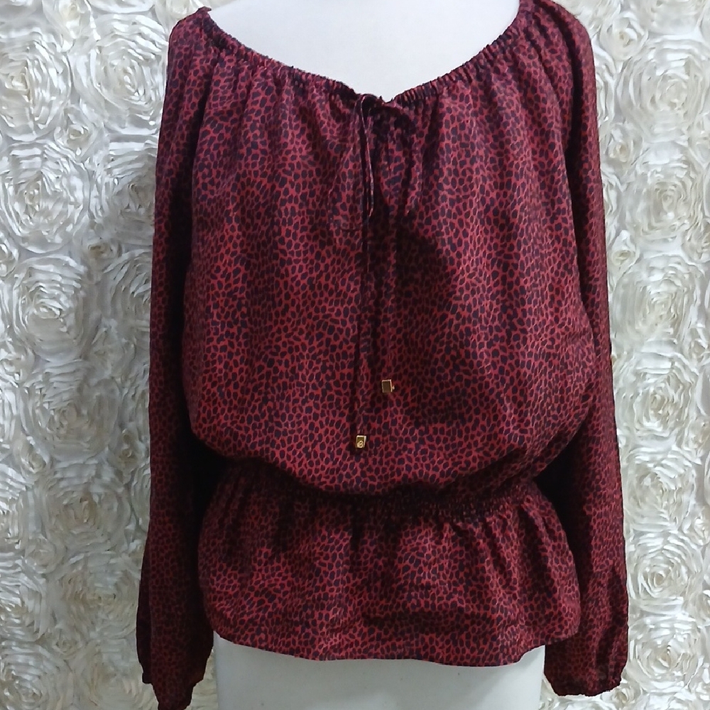 Michael Kors Burgundy Leopard Print Blouse Sz Large